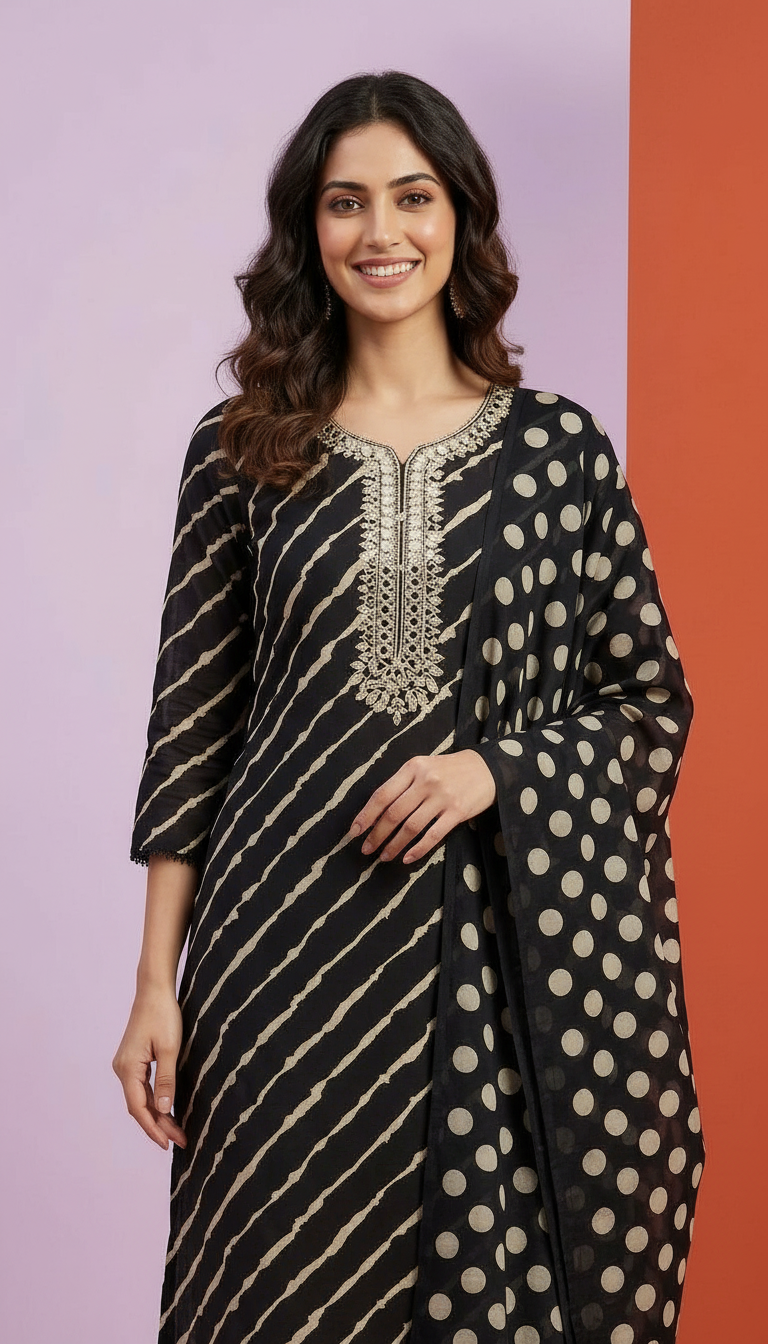 Mirror Work Embroidered Cotton Designer Unstitched Suit - Black / HC002235 view 4