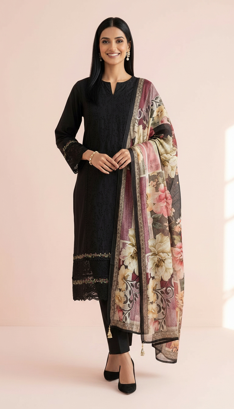 Elegant Black Embroidered Cotton  Unstitched Suit - Black / HC002412 view 5