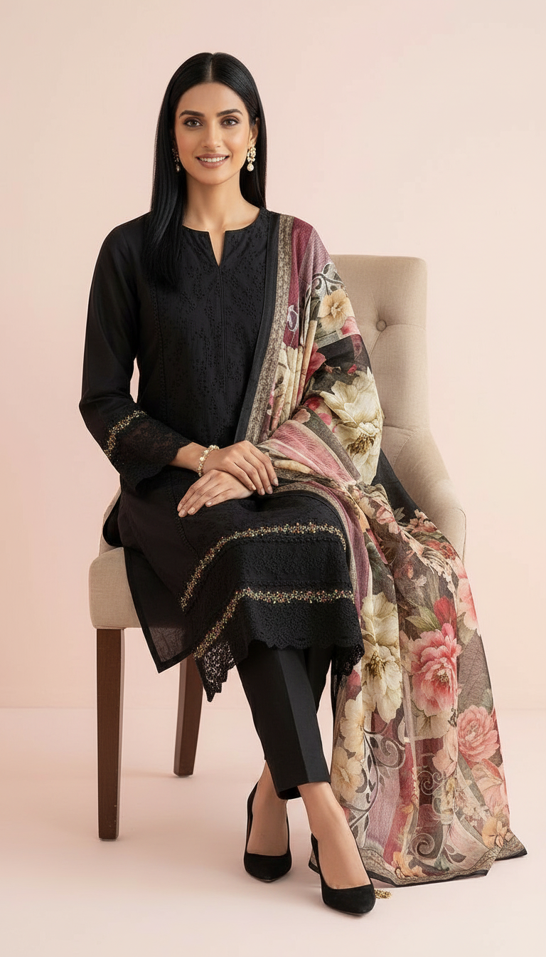 Elegant Black Embroidered Cotton  Unstitched Suit - Black / HC002412 view 4