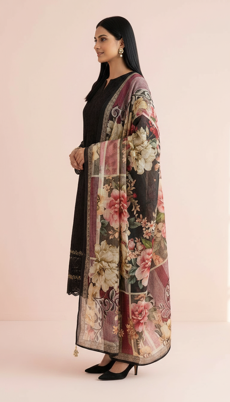 Elegant Black Embroidered Cotton  Unstitched Suit - Black / HC002412 view 2