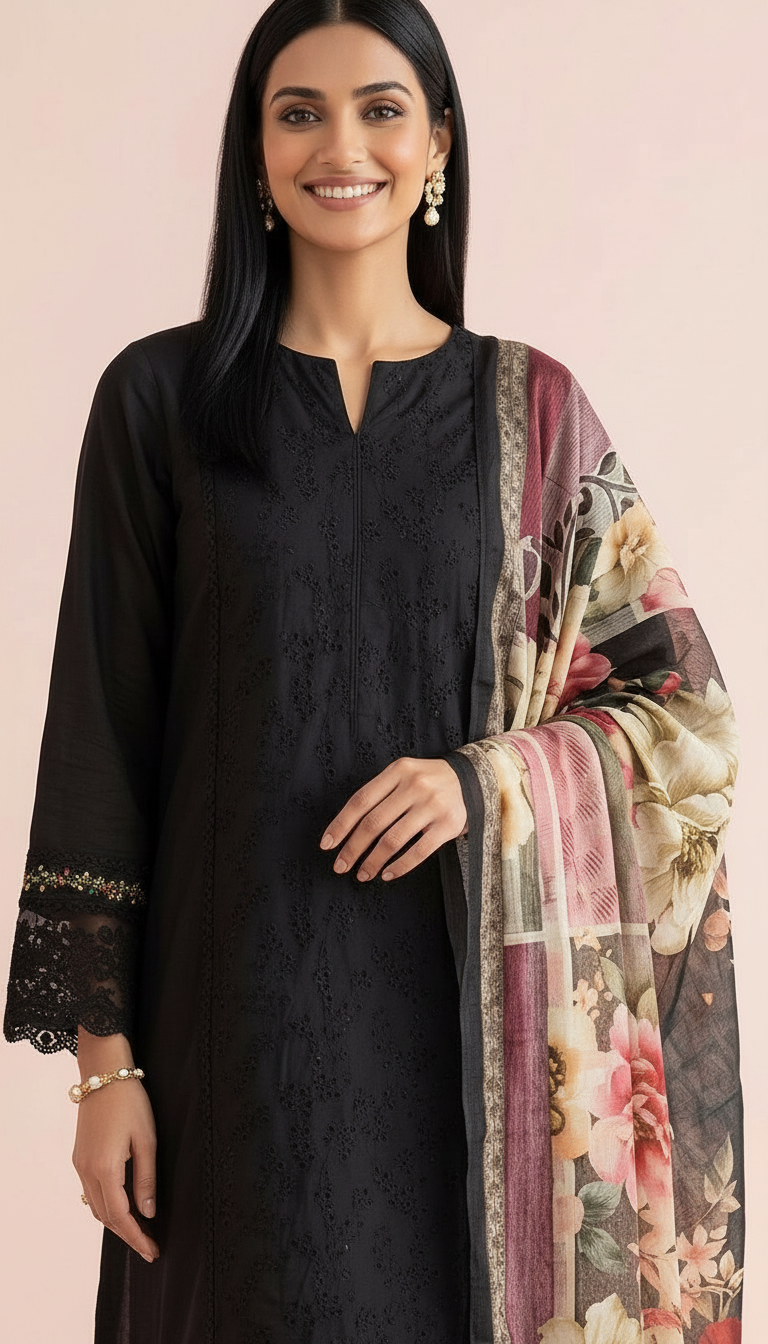 Elegant Black Embroidered Cotton  Unstitched Suit - Black / HC002412 view 3