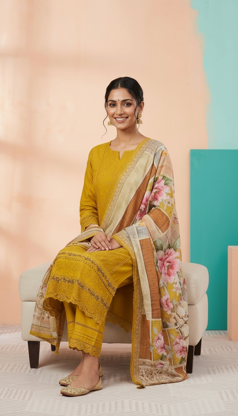 Elegant Black Embroidered Cotton  Unstitched Suit - Mustard / HC002412 view 4