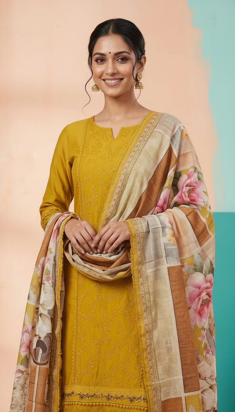 Elegant Black Embroidered Cotton  Unstitched Suit - Mustard / HC002412 view 3