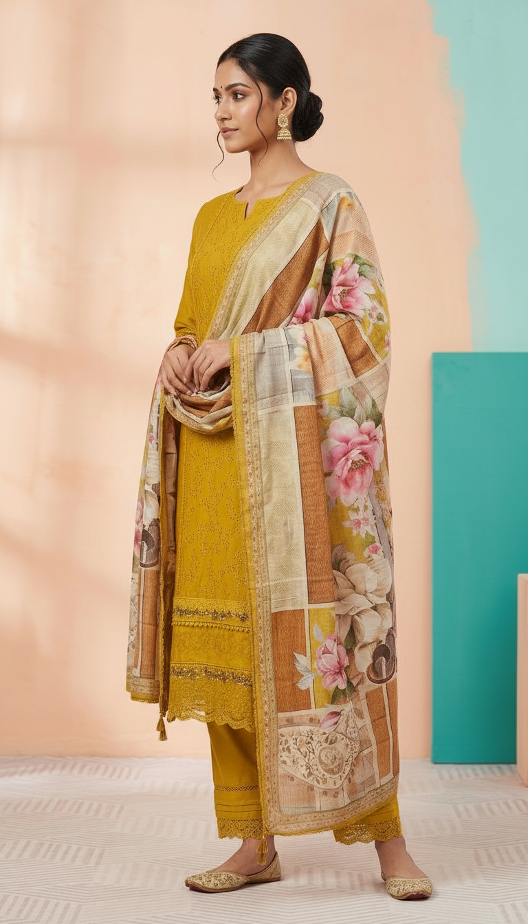 Elegant Black Embroidered Cotton  Unstitched Suit - Mustard / HC002412 view 2