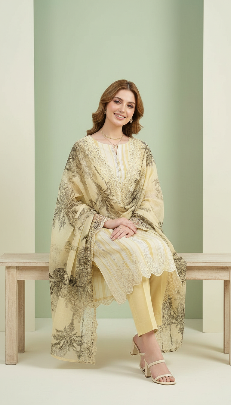 Premium Linen Smart Embroidery Unstitched  Suit - 1913 B / HC00809 view 5