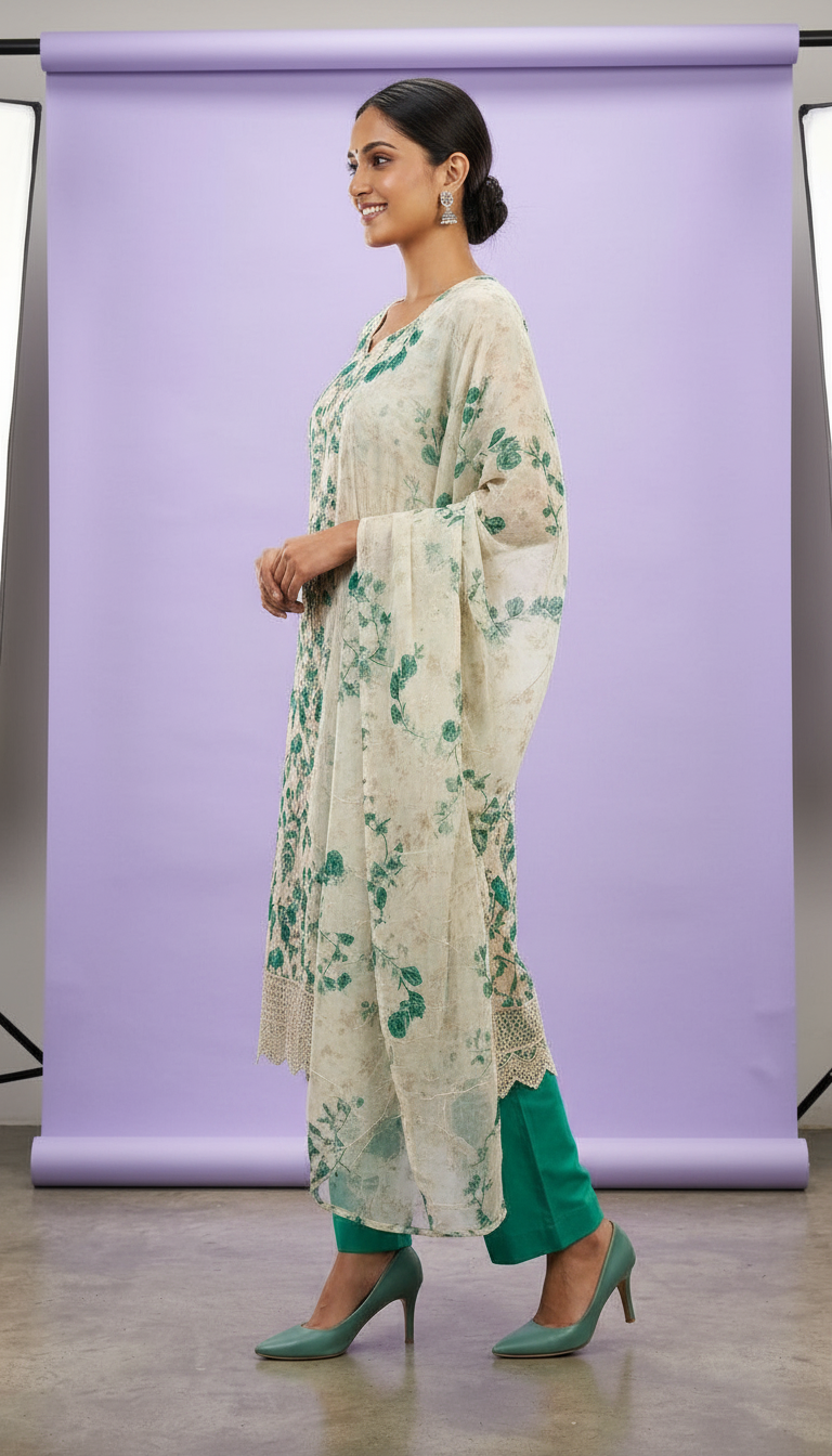Floral Design Smart Cotton Unstitched Suit - Green  / HC002460 view 2
