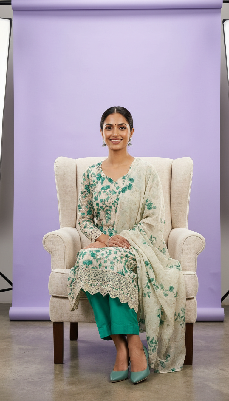 Floral Design Smart Cotton Unstitched Suit - Green  / HC002460 view 5