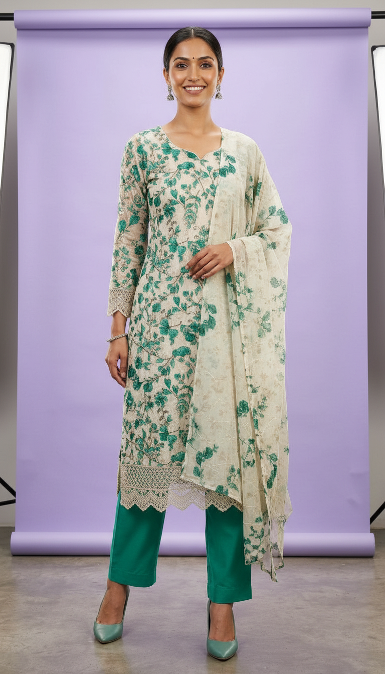 Floral Design Smart Cotton Unstitched Suit - Green  / HC002460 view 3