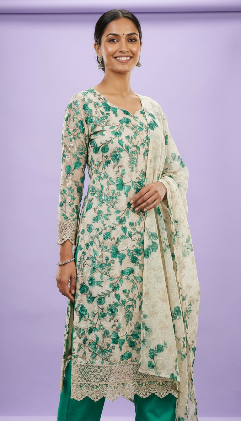 Floral Design Smart Cotton Unstitched Suit - Green  / HC002460 view 4