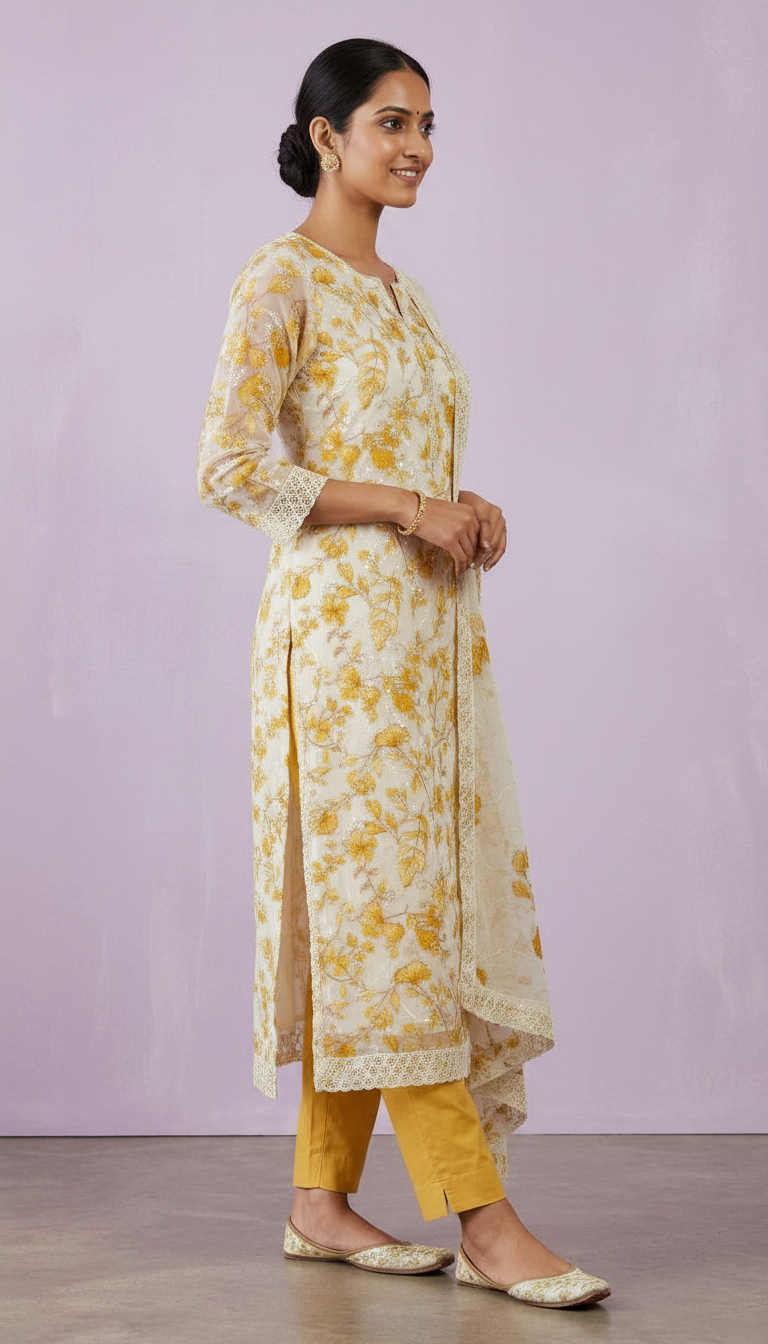Floral Design Smart Cotton Unstitched Suit - Mustard / HC002460 view 2