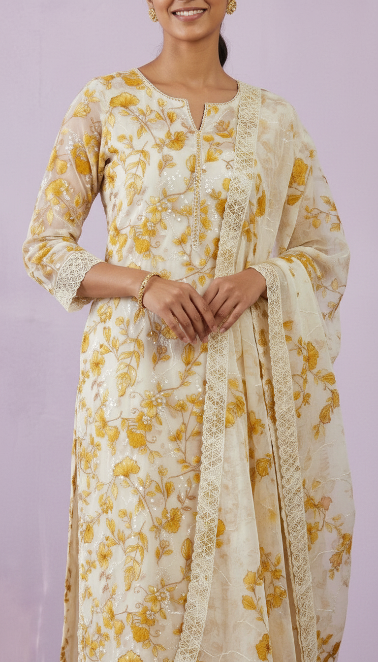 Floral Design Smart Cotton Unstitched Suit - Mustard / HC002460 view 4