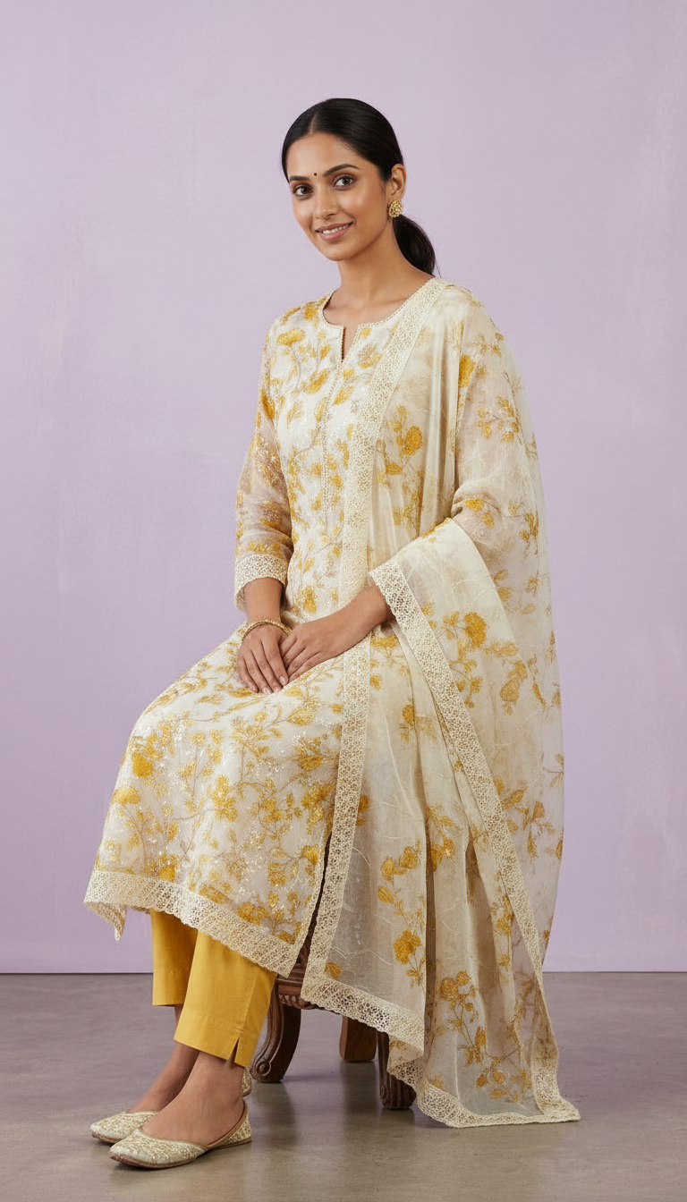 Floral Design Smart Cotton Unstitched Suit - Mustard / HC002460 view 5