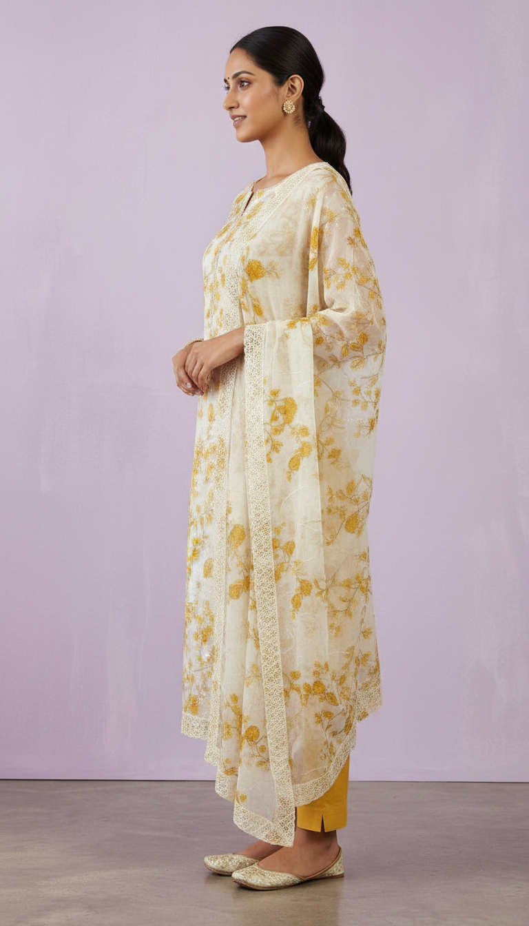 Floral Design Smart Cotton Unstitched Suit - Mustard / HC002460 view 3