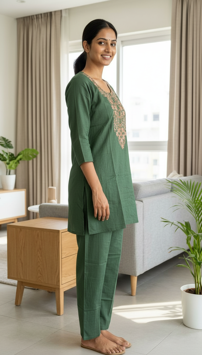 Embroidered Soft Riyon Cotton Stitched Cord Set Suit - Green / HC002486 view 3