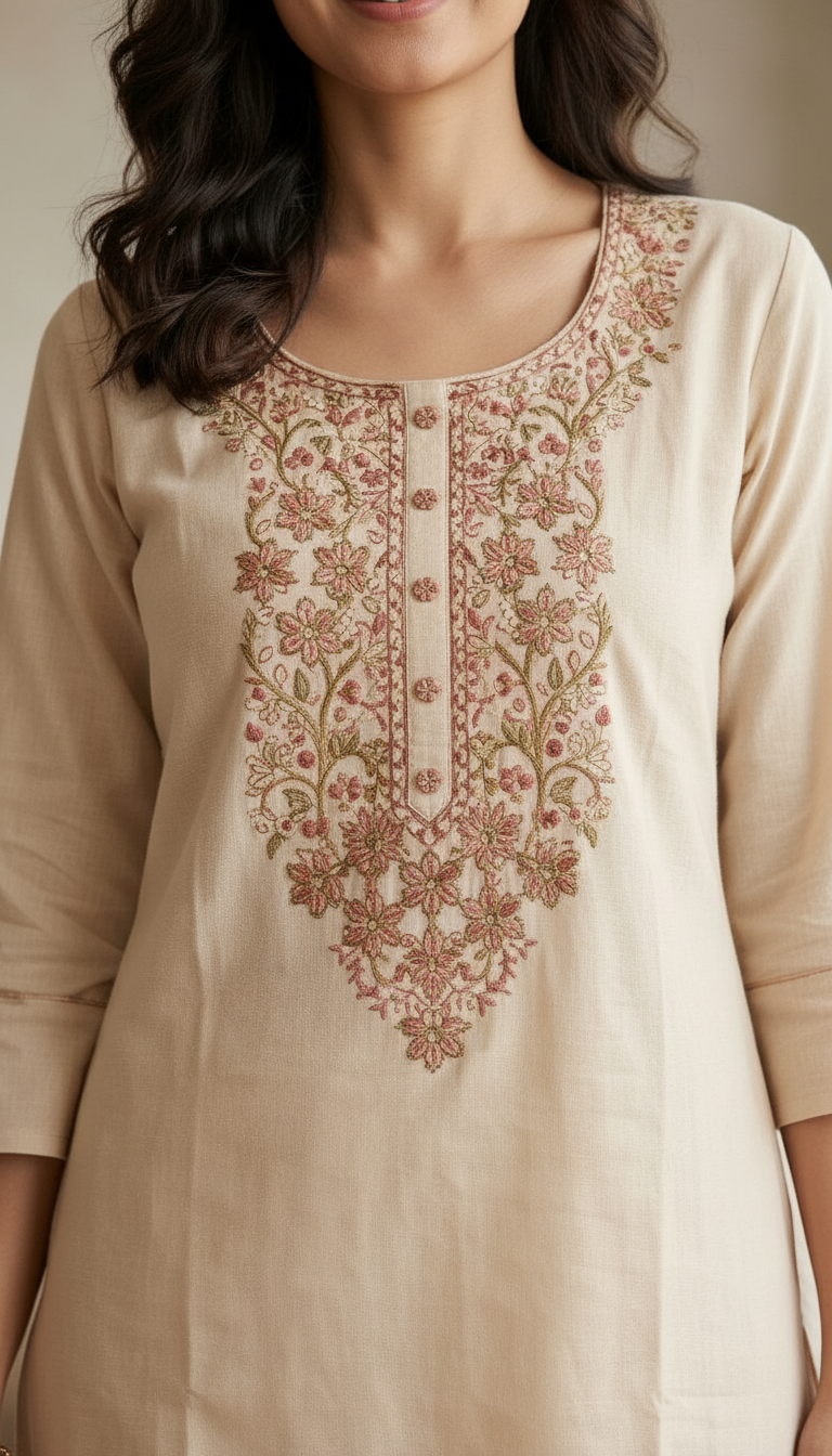 Embroidered Soft Riyon Cotton Stitched Cord Set Suit - Cream / HC002486 view 4