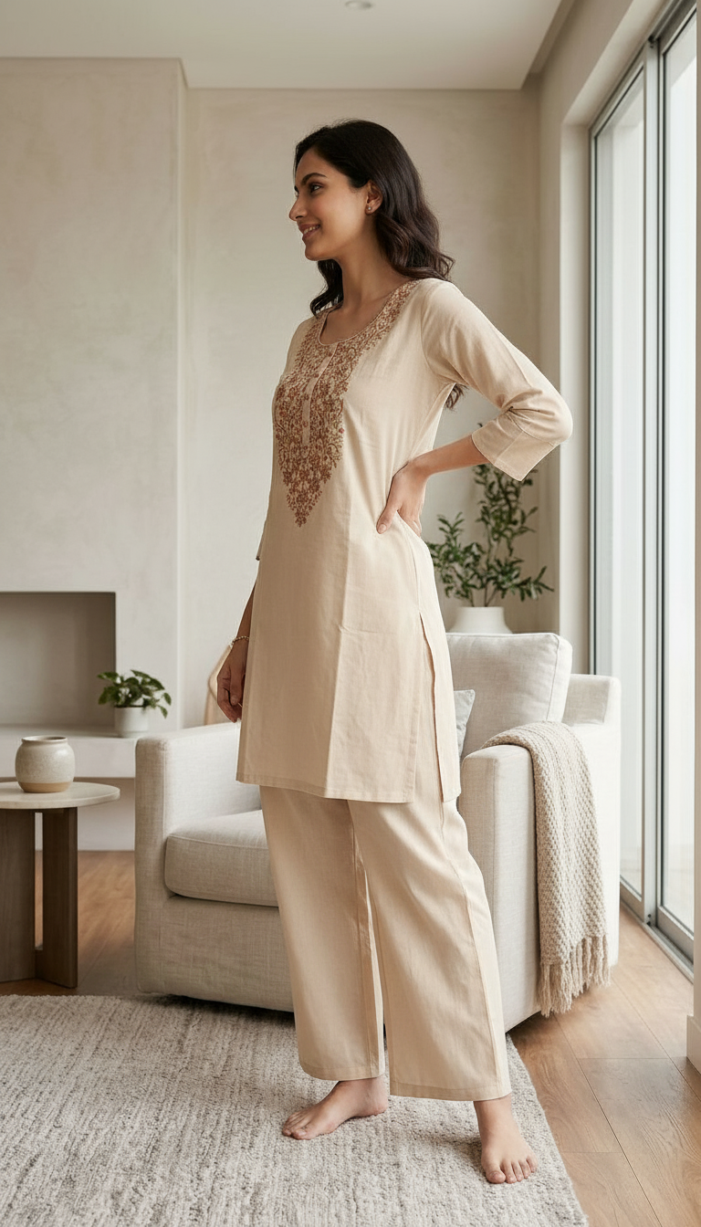 Embroidered Soft Riyon Cotton Stitched Cord Set Suit - Cream / HC002486 view 2