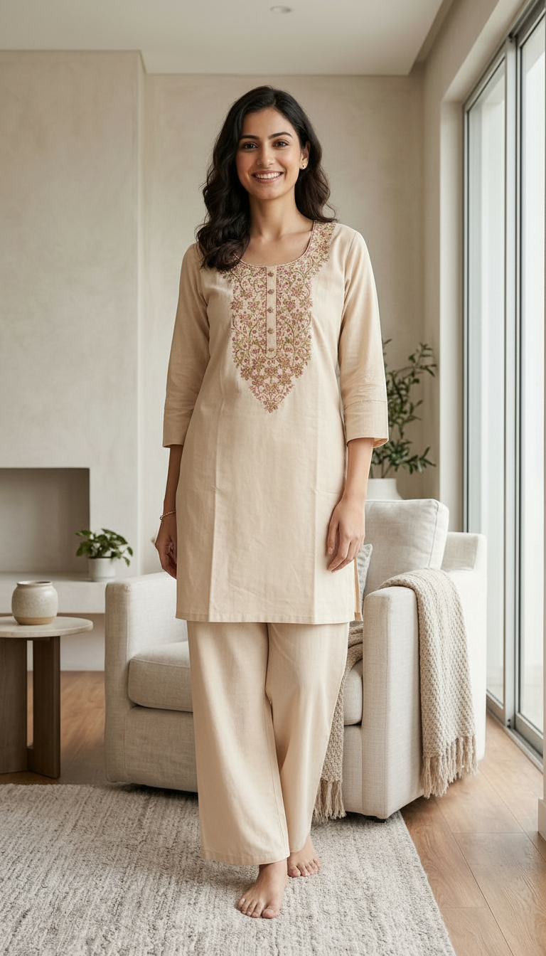 Embroidered Soft Riyon Cotton Stitched Cord Set Suit - Cream / HC002486 view 3