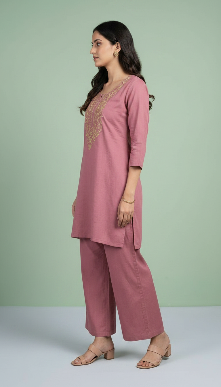 Embroidered Soft Riyon Cotton Stitched Cord Set Suit - Gajri / HC002486 view 2