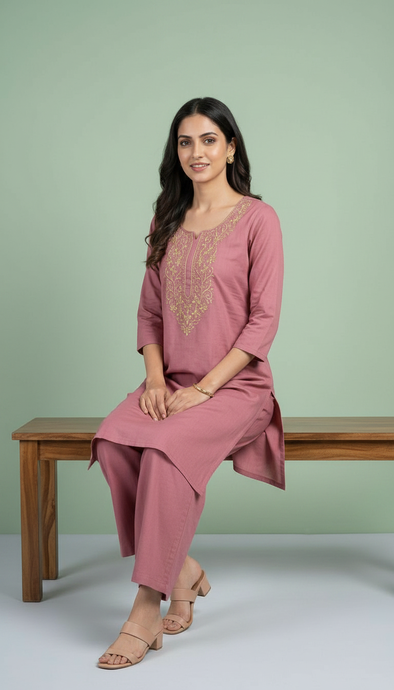 Embroidered Soft Riyon Cotton Stitched Cord Set Suit - Gajri / HC002486 view 5