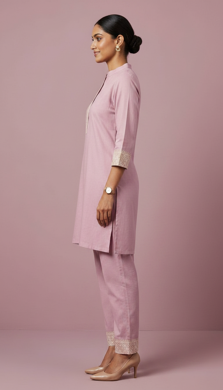 Soft Khadi Cotton Stitched Cord Set Suit - Pink / HC002485 view 3