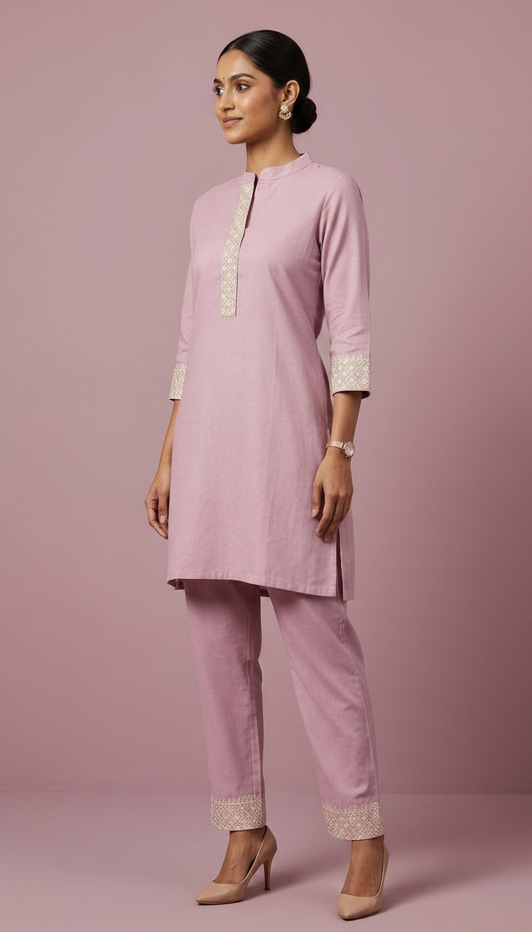 Soft Khadi Cotton Stitched Cord Set Suit - Pink / HC002485 view 2