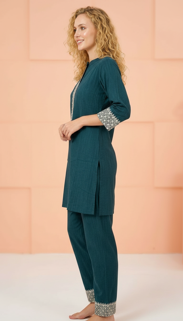 Soft Khadi Cotton Stitched Cord Set Suit Peacock Blue / HC002485 view 4
