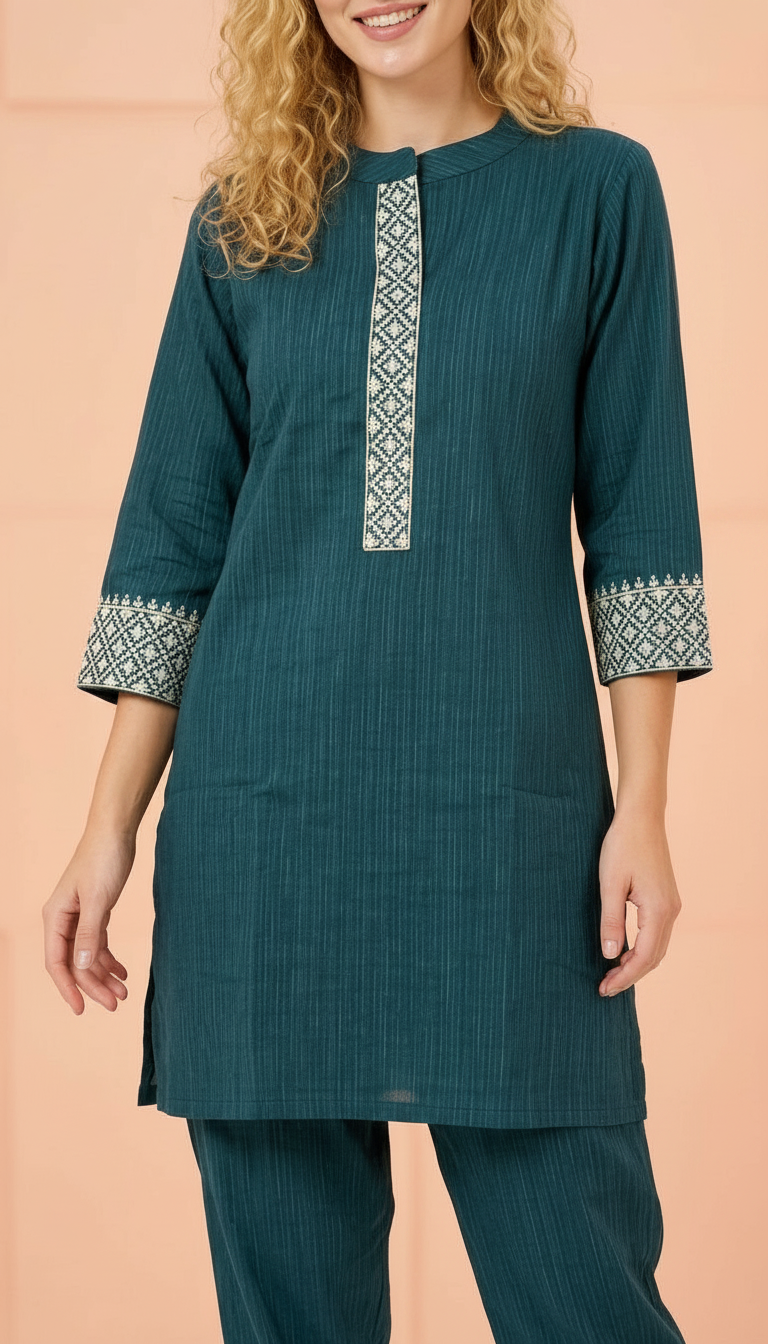 Soft Khadi Cotton Stitched Cord Set Suit Peacock Blue / HC002485 view 5