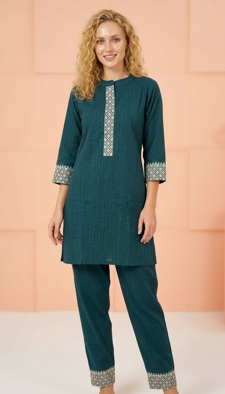 Soft Khadi Cotton Stitched Cord Set Suit Peacock Blue / HC002485 view 3