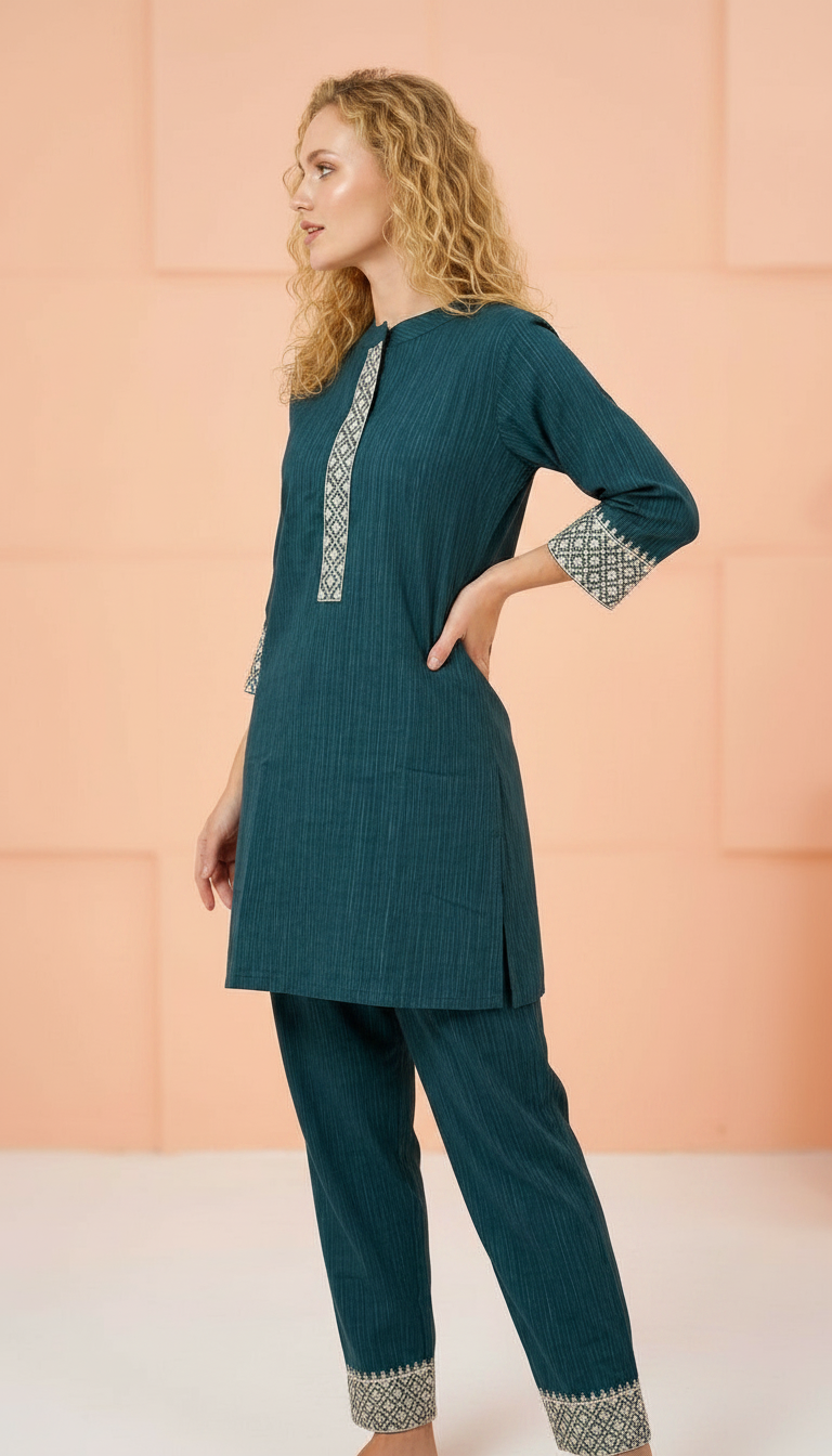 Soft Khadi Cotton Stitched Cord Set Suit Peacock Blue / HC002485 view 2