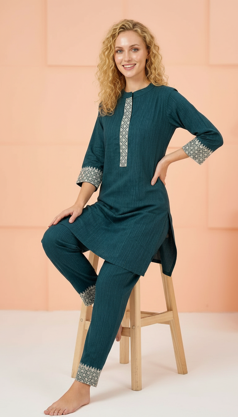 Soft Khadi Cotton Stitched Cord Set Suit Peacock Blue / HC002485 view 6