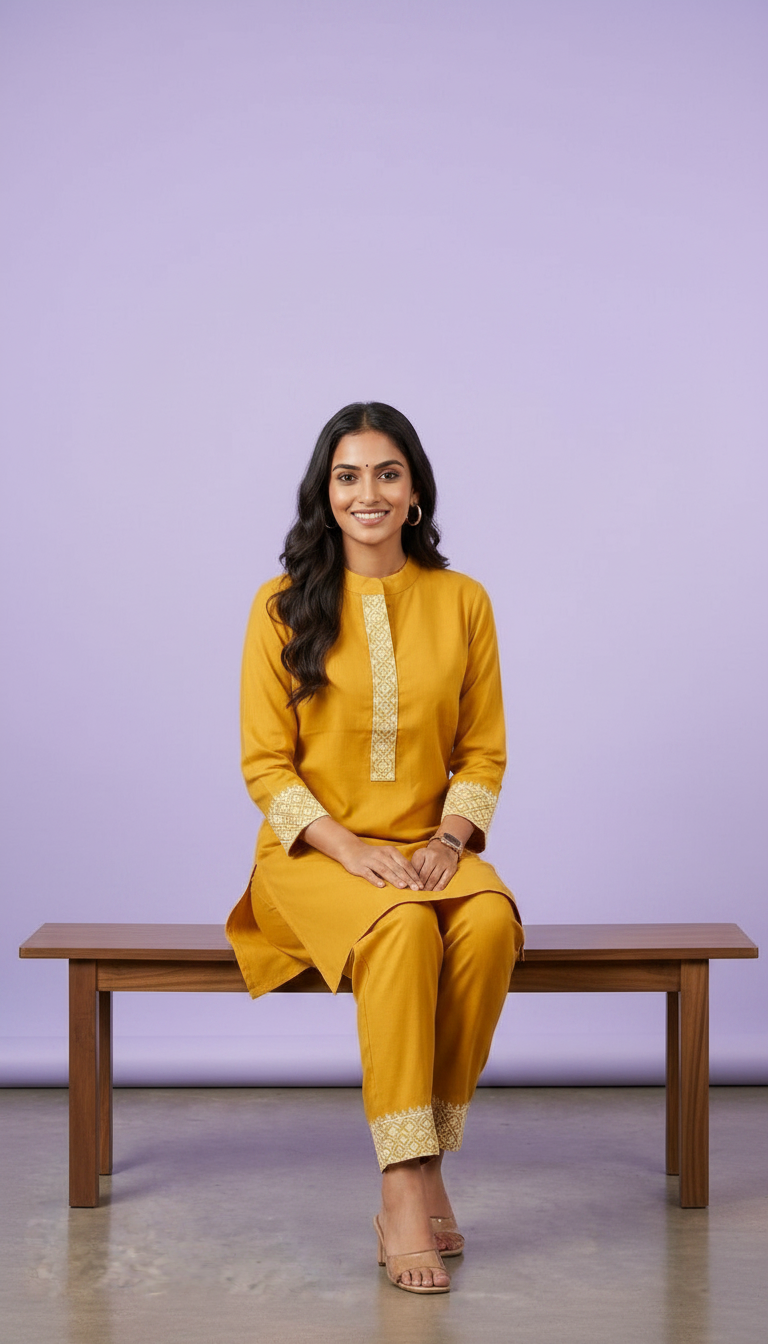 Soft Riyon Cotton Stitched Cord Set Suit - Mustard / HC002485 view 5