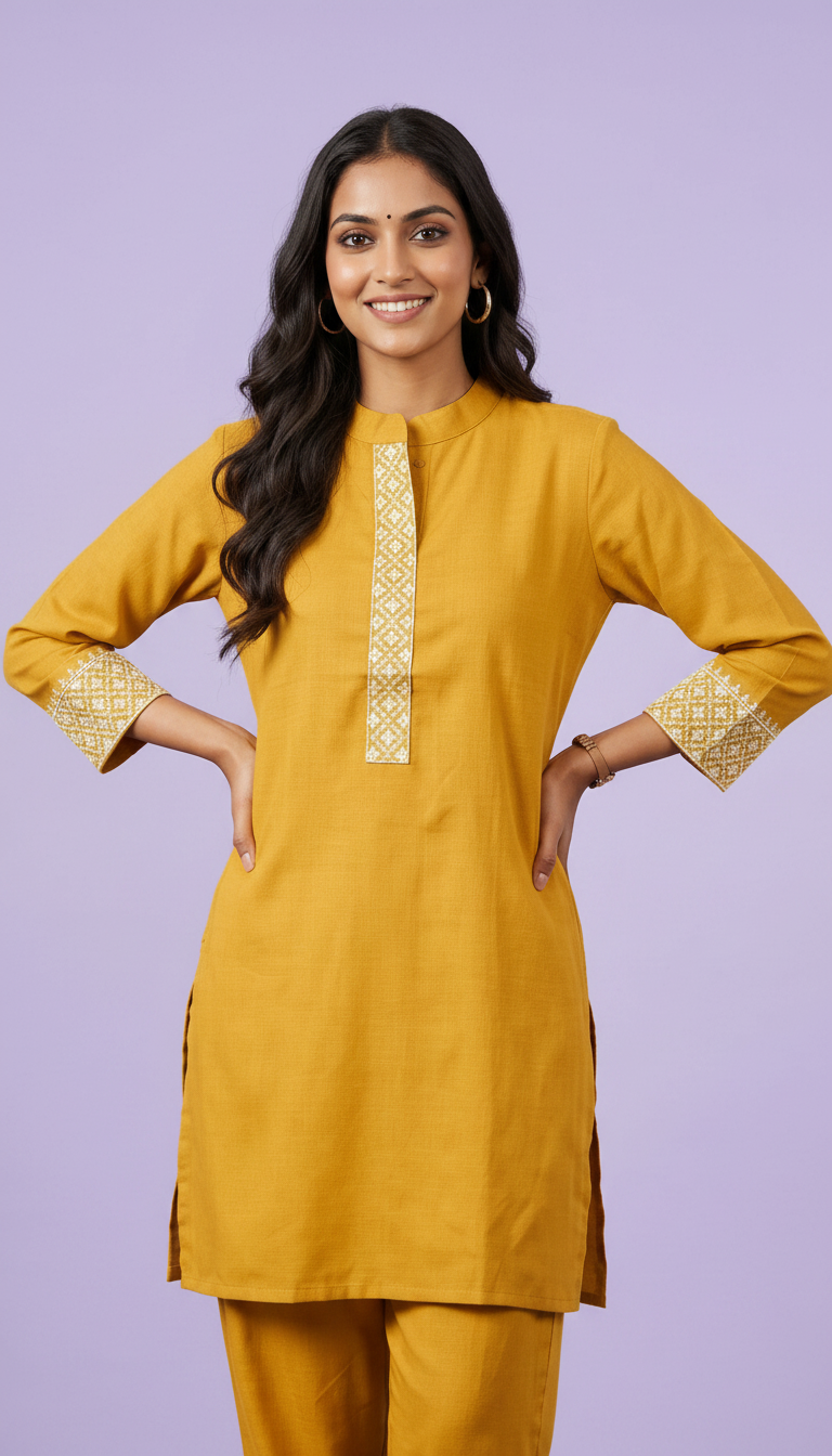 Soft Riyon Cotton Stitched Cord Set Suit - Mustard / HC002485 view 4