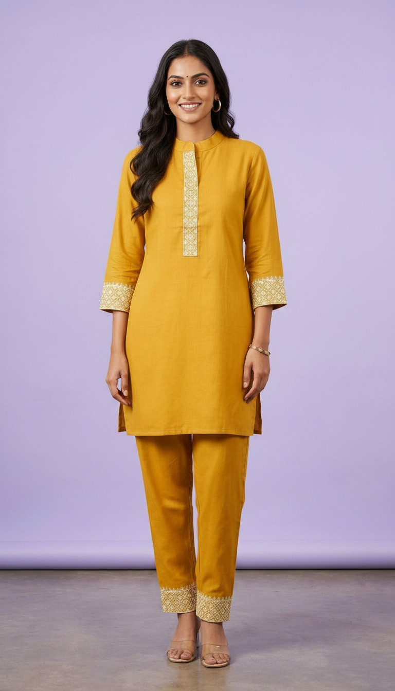 Soft Riyon Cotton Stitched Cord Set Suit - Mustard / HC002485 view 3