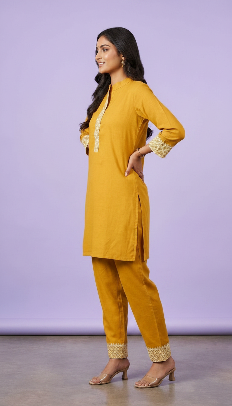 Soft Riyon Cotton Stitched Cord Set Suit - Mustard / HC002485 view 2