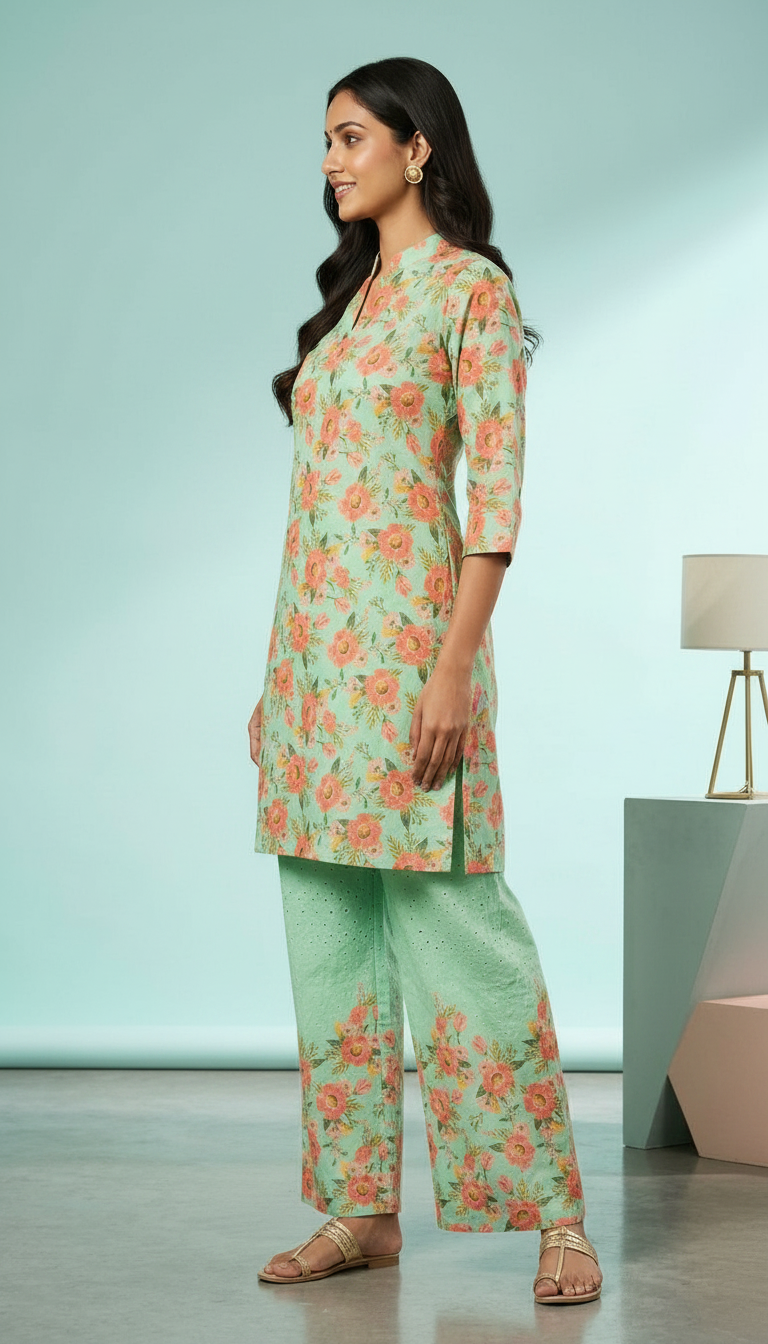 Floral Printed Pure Cotton Stitched Cord Set Suit - Green / HC002484 view 2
