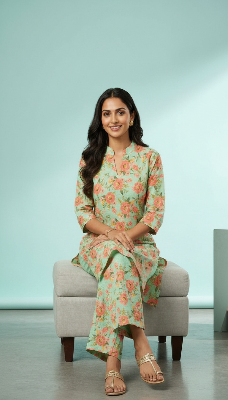 Floral Printed Pure Cotton Stitched Cord Set Suit - Green / HC002484 view 5