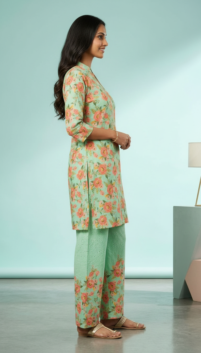 Floral Printed Pure Cotton Stitched Cord Set Suit - Green / HC002484 view 3