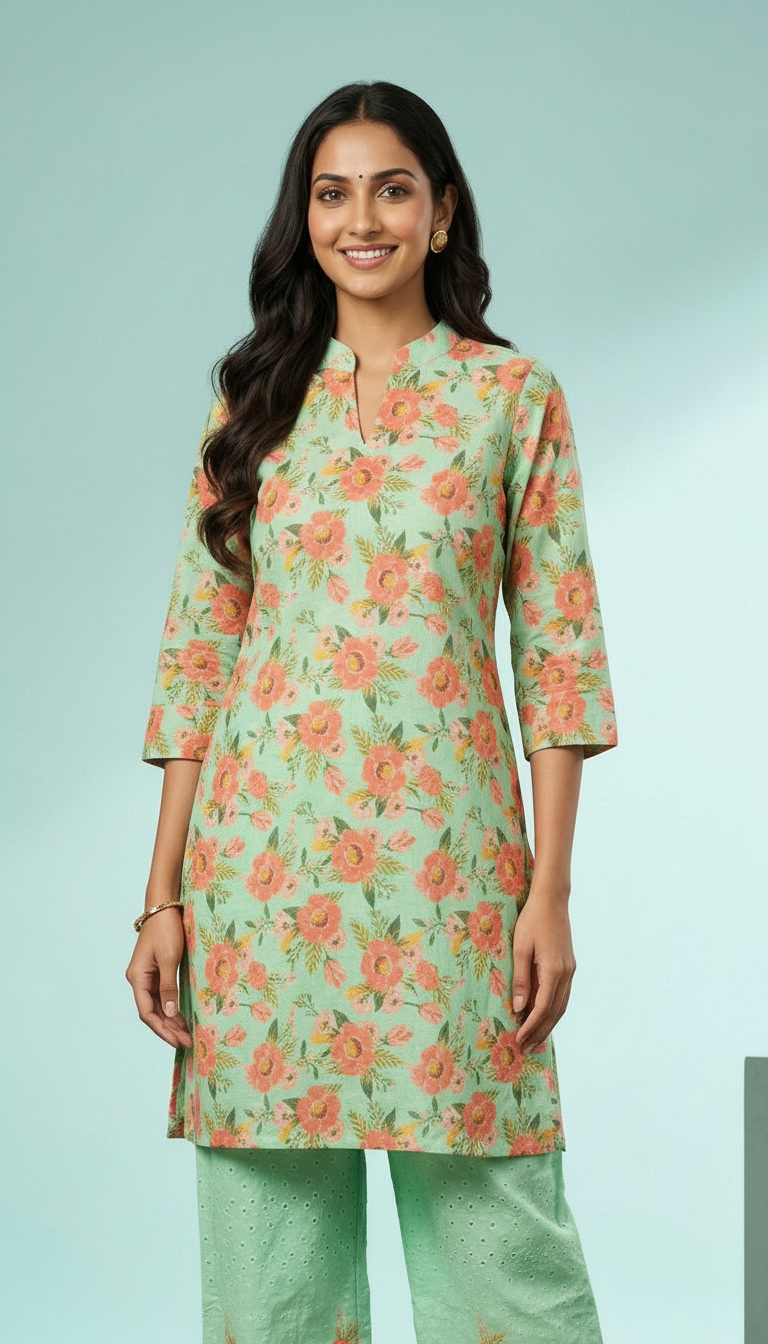 Floral Printed Pure Cotton Stitched Cord Set Suit - Green / HC002484 view 4