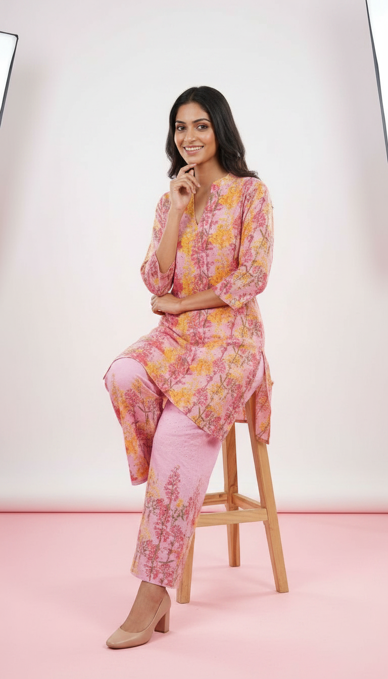 Floral Printed Allover Cutwork Stitched Cord Set Suit - Pink / HC002484 view 5