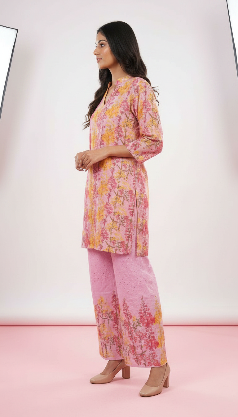 Floral Printed Allover Cutwork Stitched Cord Set Suit - Pink / HC002484 view 2