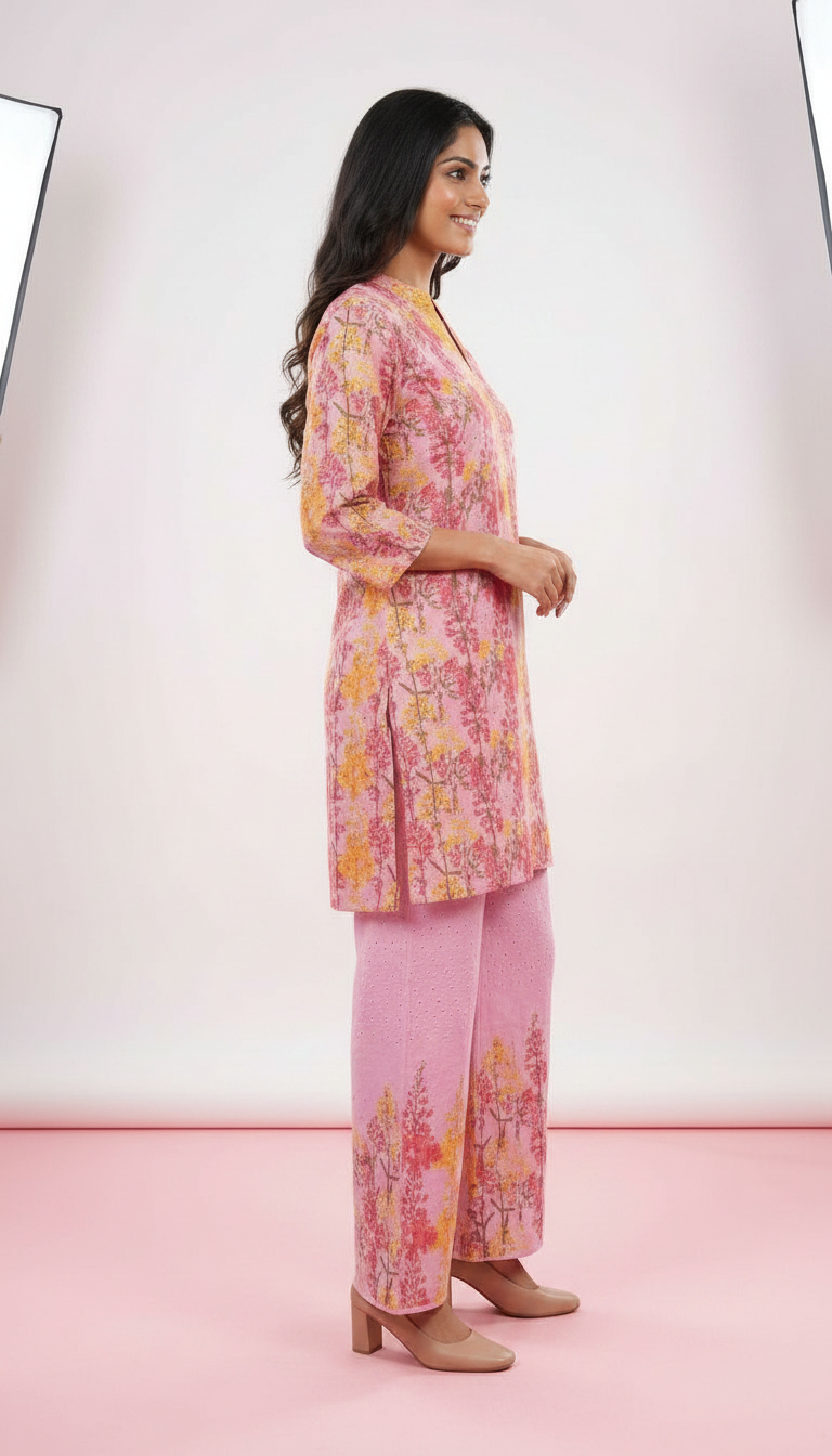 Floral Printed Allover Cutwork Stitched Cord Set Suit - Pink / HC002484 view 3