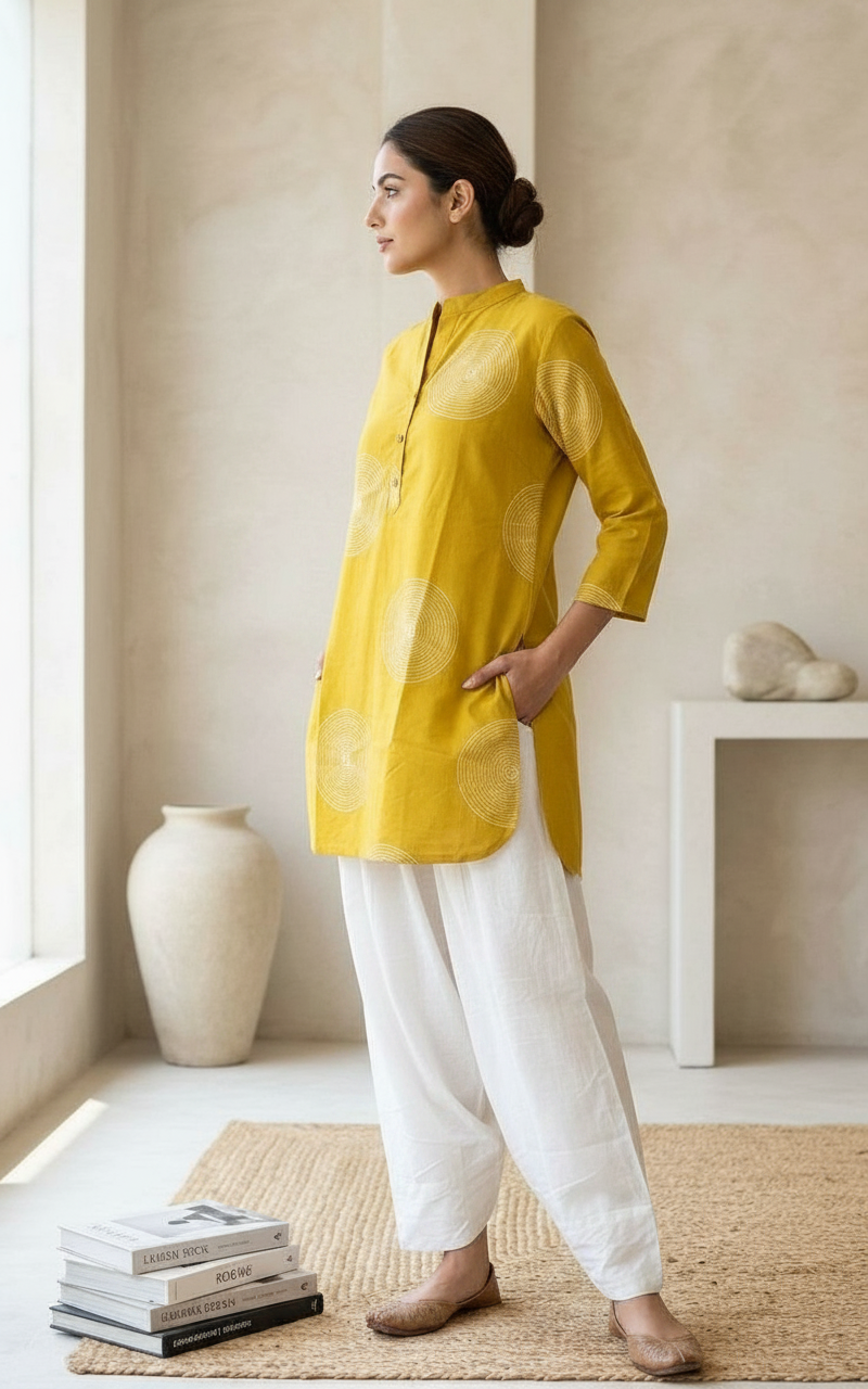 Printed Cotton Farshi Shalwar Kurta Stitched Set  - Mehndi / SD00187 view 2