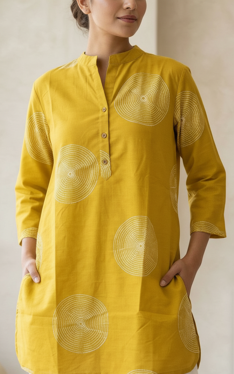 Printed Cotton Farshi Shalwar Kurta Stitched Set  - Mehndi / SD00187 view 4