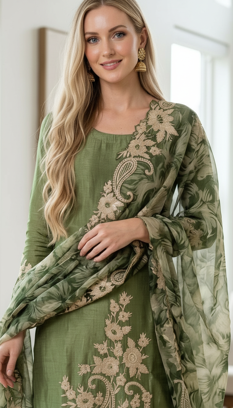 Heavy Embroidered Designer Party Wear Unstitched Suit - Green / HC002275 view 3