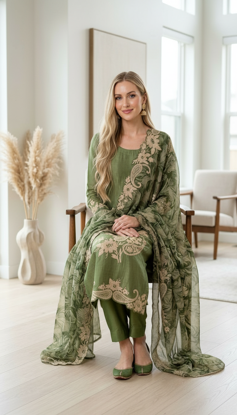 Heavy Embroidered Designer Party Wear Unstitched Suit - Green / HC002275 view 4