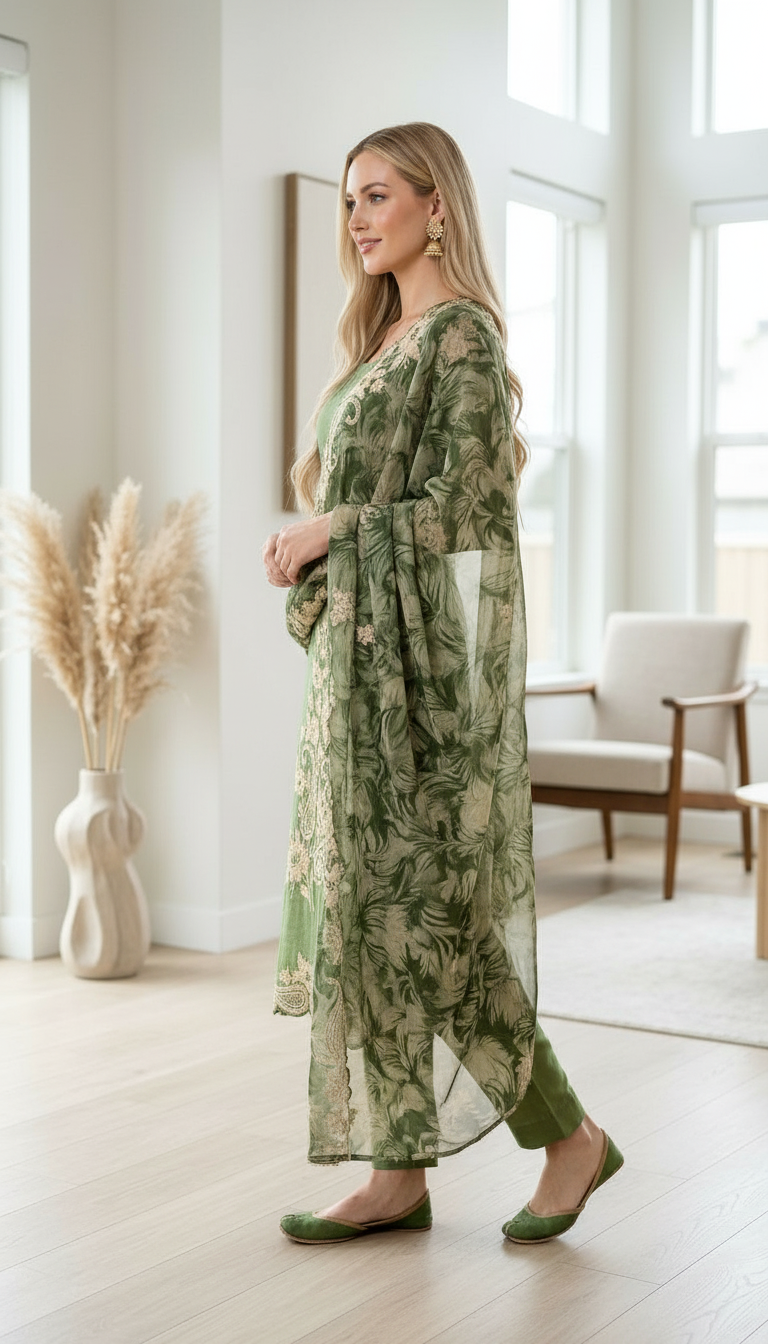 Heavy Embroidered Designer Party Wear Unstitched Suit - Green / HC002275 view 2