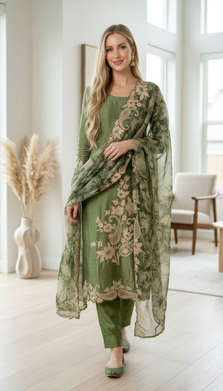 Heavy Embroidered Designer Party Wear Unstitched Suit - Green / HC002275 view 5