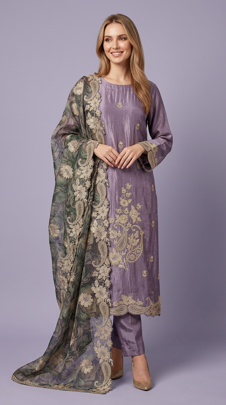 Heavy Embroidered Designer Party Wear Unstitched Suit - Purple / HC002275 view 2