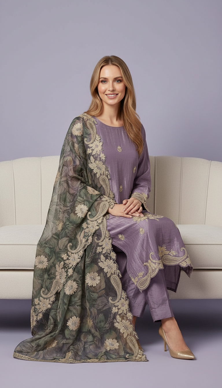 Heavy Embroidered Designer Party Wear Unstitched Suit - Purple / HC002275 view 6