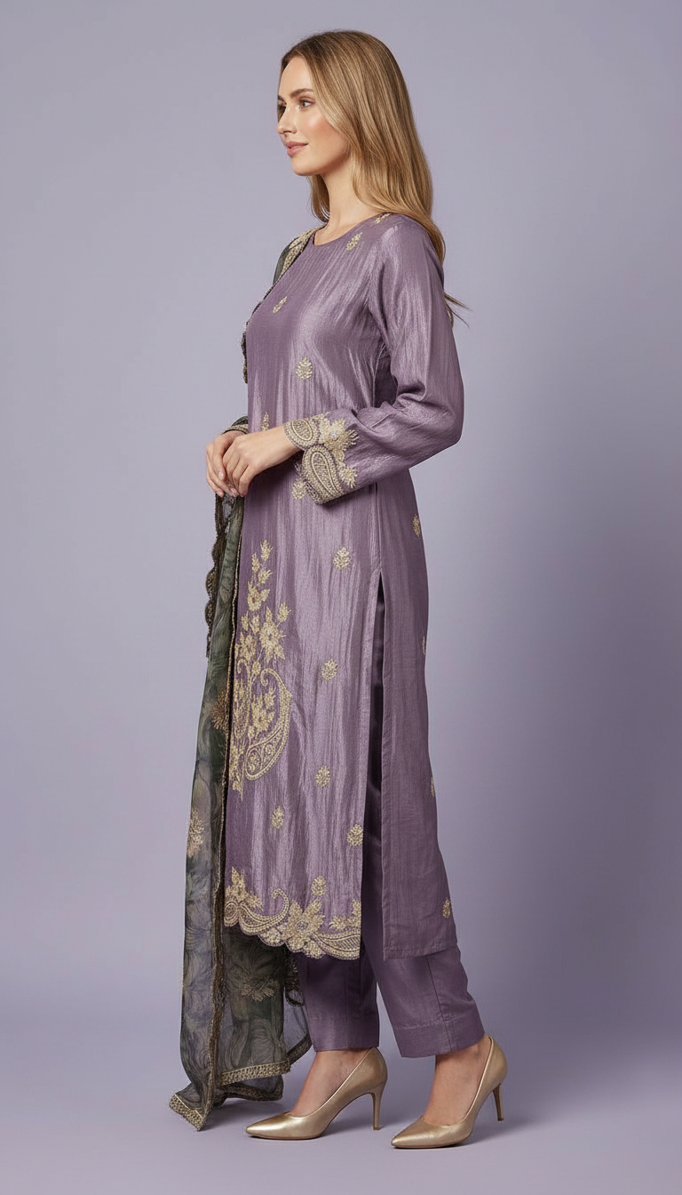 Heavy Embroidered Designer Party Wear Unstitched Suit - Purple / HC002275 view 3